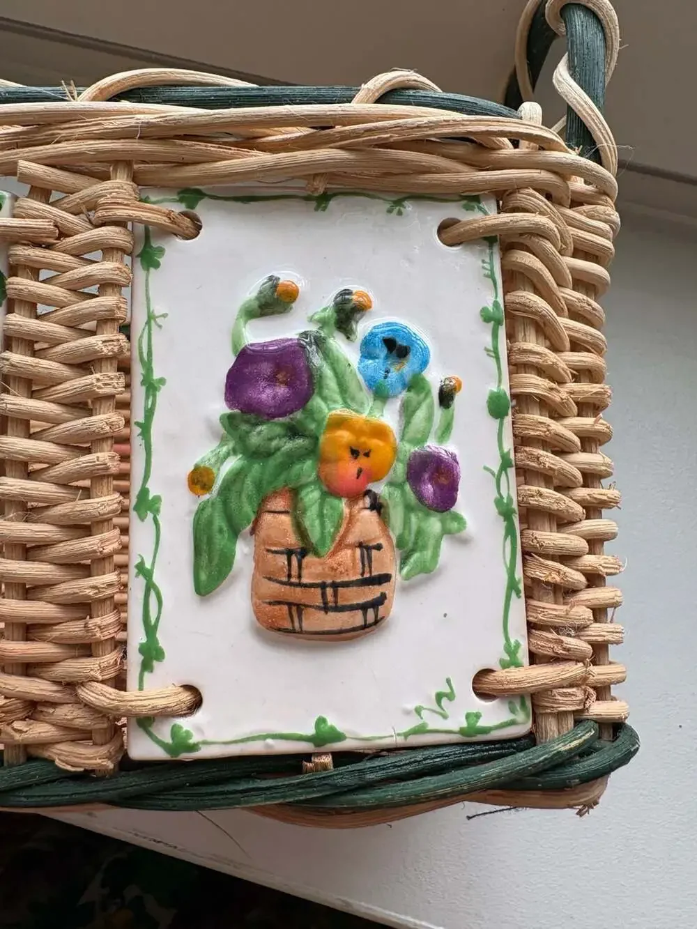 Vintage Woven Wicker Basket with Hand-Painted Floral Ceramic Tiles